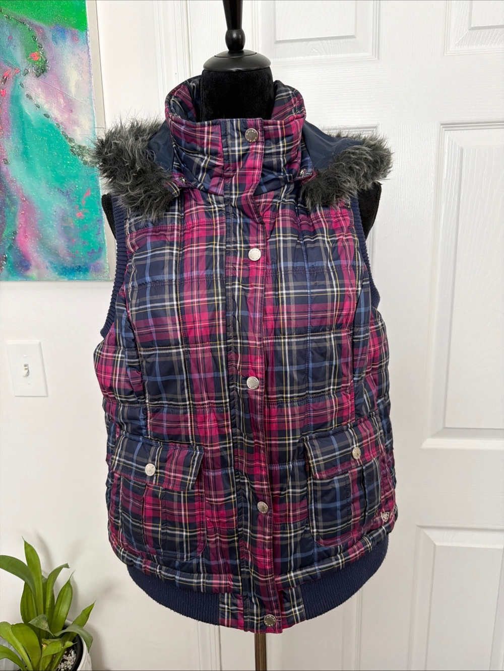 Ariat Navy Blue/Purple/Pink Plaid Puffer Vest With Faux Fur Lined Hood - Size XL